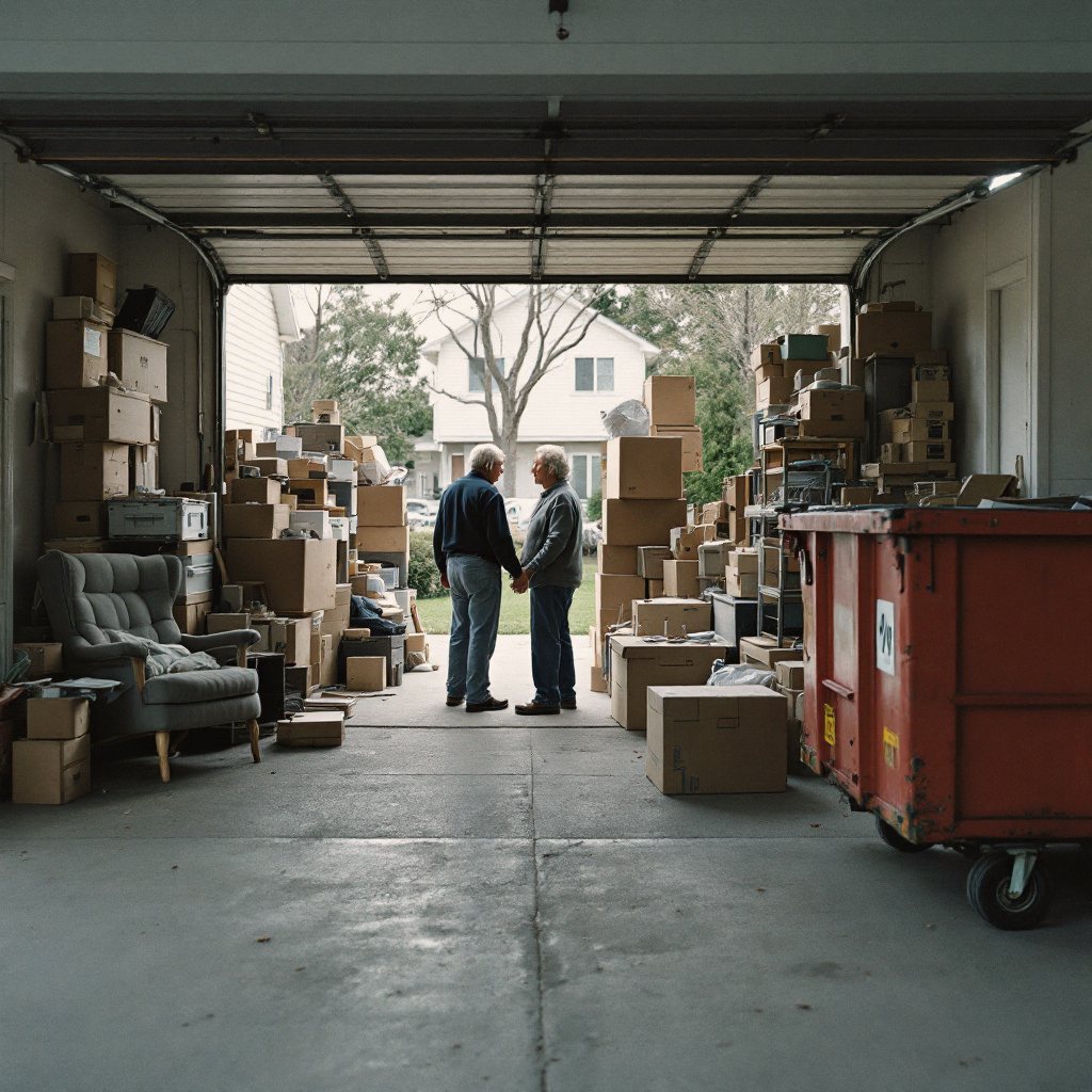Family loading decades of garage contents into a Redbird dumpster