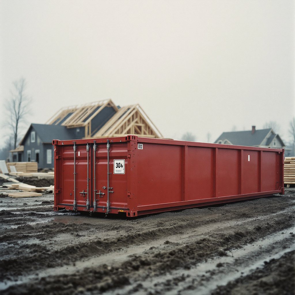 Redbird 30-yard dumpster beside new home framing on a construction site