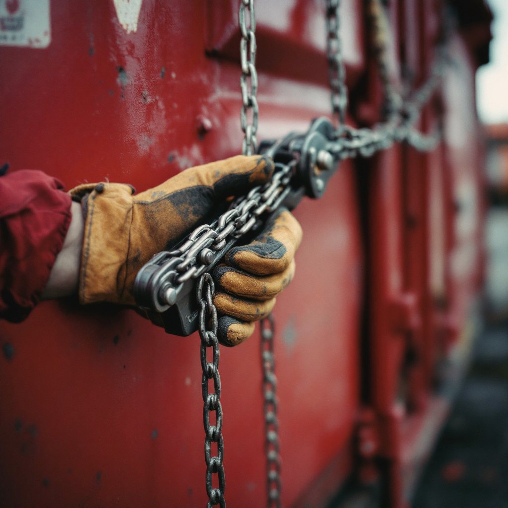 Redbird driver working chains on a roll-off can at sunrise