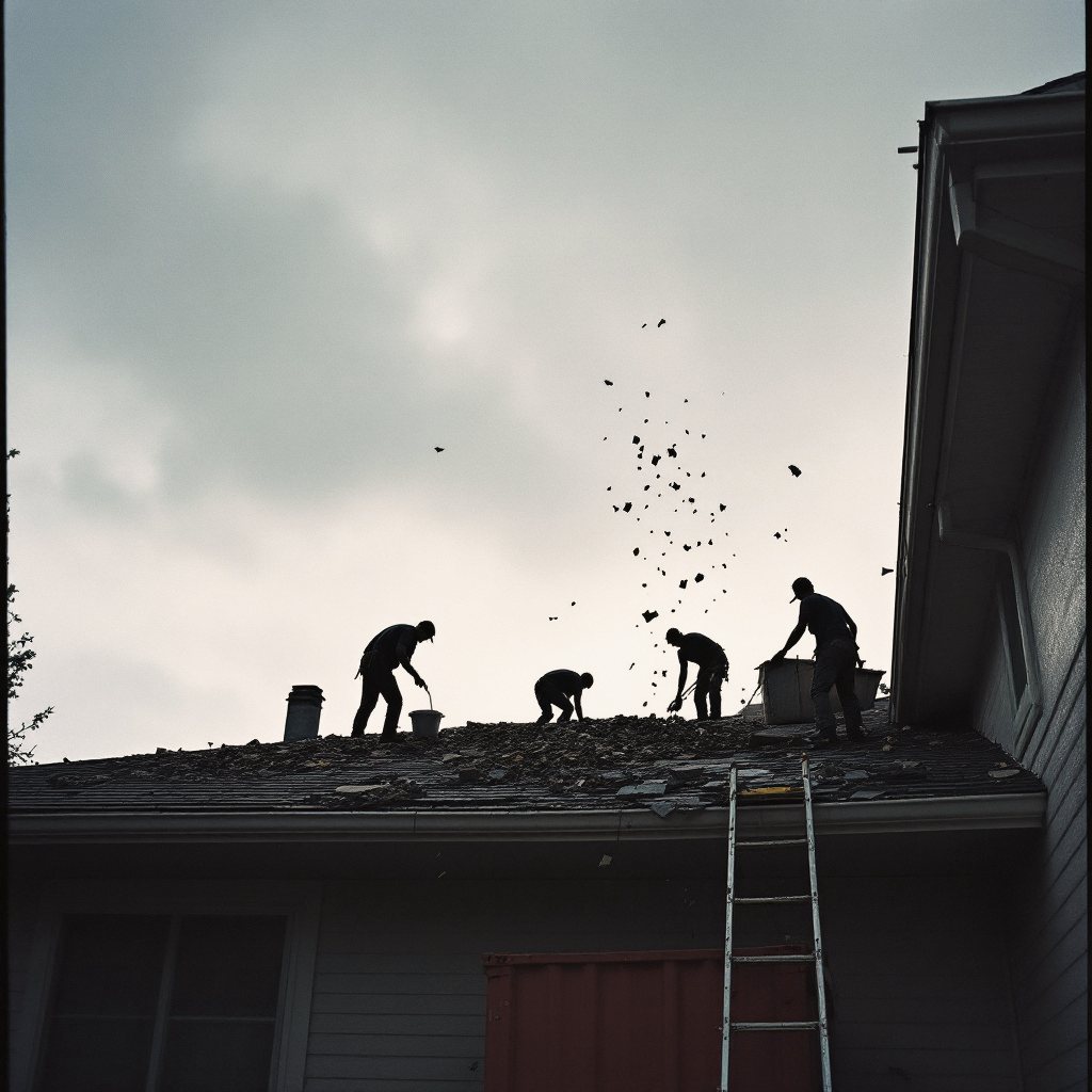 Shingle tear-off debris sliding from a roof into a Redbird dumpster